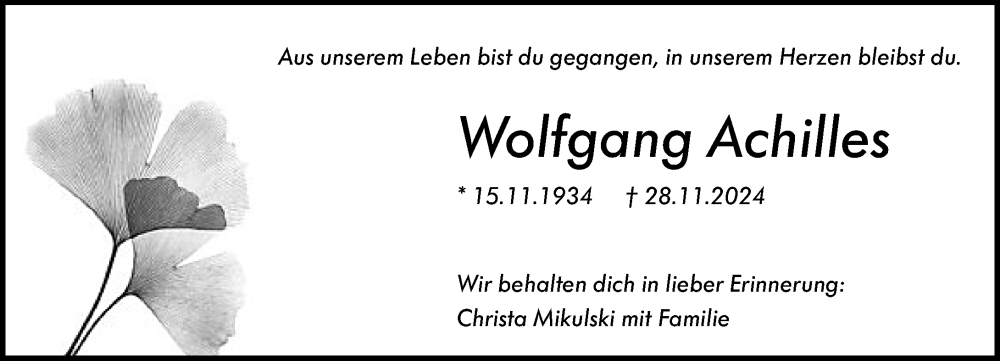  Traueranzeige für Wolfgang Achilles vom 10.12.2024 aus Nassauische Neue Presse