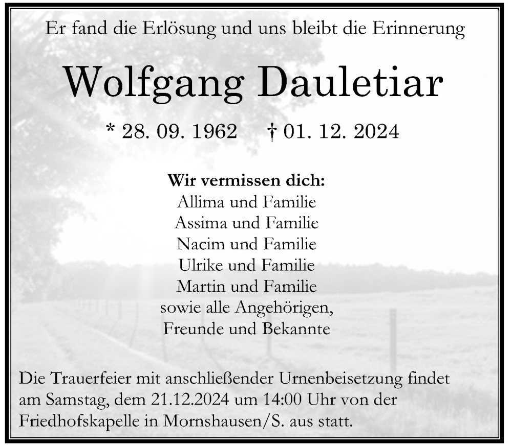  Traueranzeige für Wolfgang Dauletiar vom 14.12.2024 aus Hinterländer Anzeiger