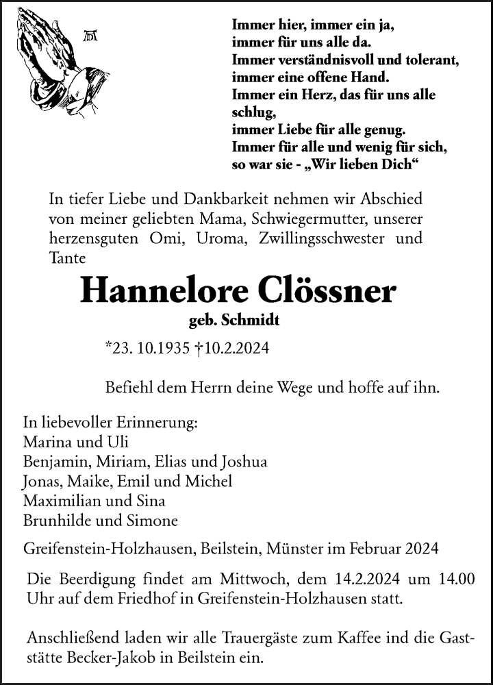  Traueranzeige für Hannelore Clössner vom 12.02.2024 aus Dill Block