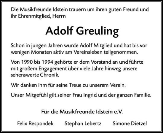 Traueranzeige von Adolf Greuling von Idsteiner Land/Untertaunus