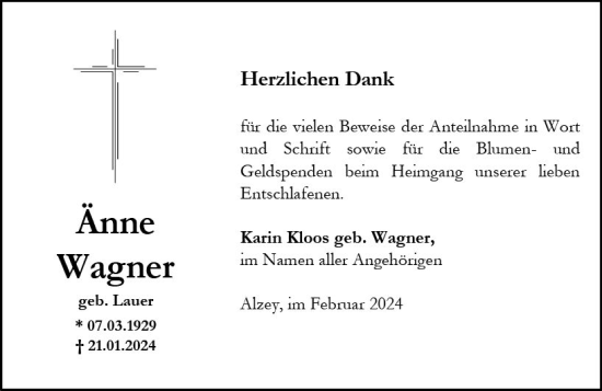 Traueranzeige von Änne Wagner von Allgemeine Zeitung Alzey