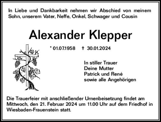 Traueranzeige von Alexander Klepper von Wiesbadener Kurier