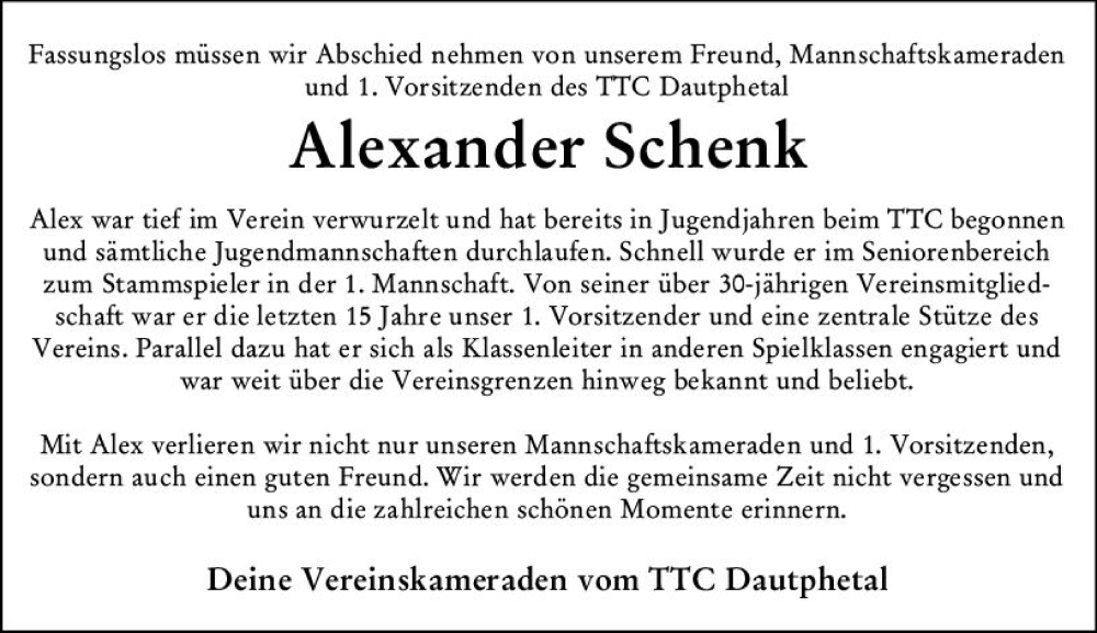  Traueranzeige für Alexander Schenk vom 19.02.2024 aus Hinterländer Anzeiger