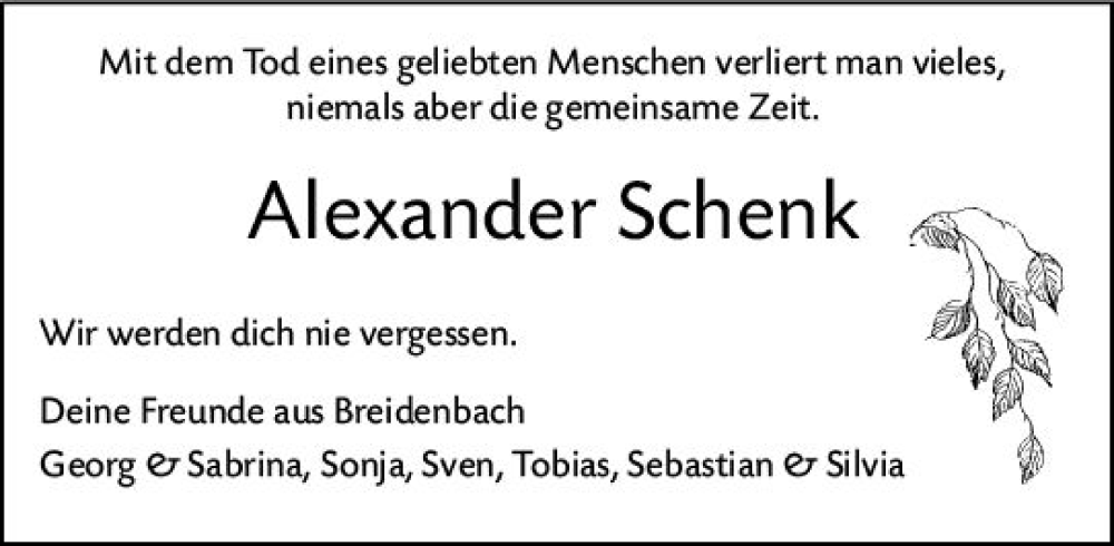  Traueranzeige für Alexander Schenk vom 19.02.2024 aus Hinterländer Anzeiger