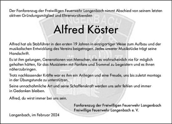 Traueranzeige von Alfred Köster von Weilburger Tageblatt