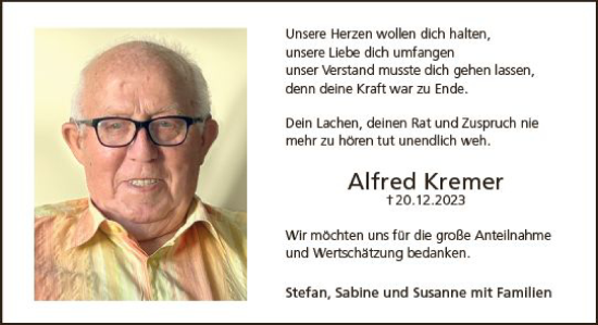 Traueranzeige von Alfred Kremer von Camberger Anzeiger