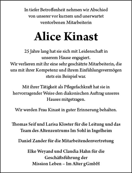 Traueranzeige von Alice Kinast von Allgemeine Zeitung Bingen/Ingelheim