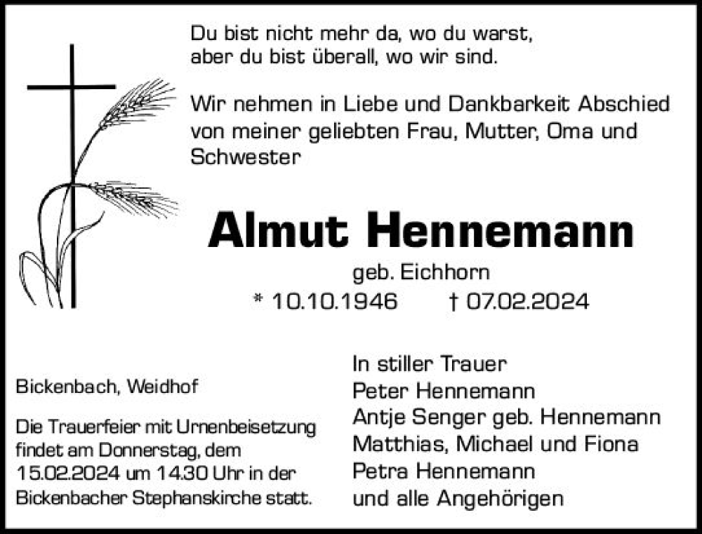  Traueranzeige für Almut Hennemann vom 10.02.2024 aus Darmstädter Echo