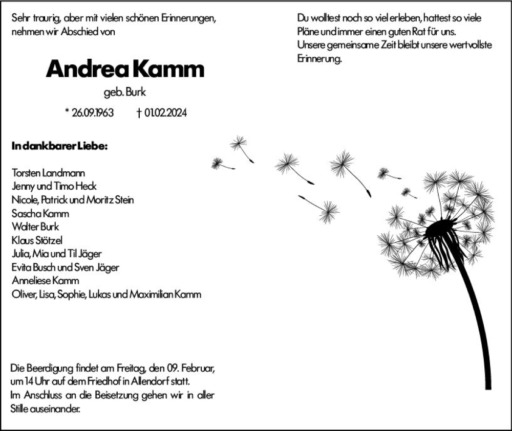  Traueranzeige für Andrea Kamm vom 05.02.2024 aus Hinterländer Anzeiger
