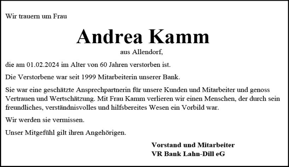  Traueranzeige für Andrea Kamm vom 06.02.2024 aus Hinterländer Anzeiger