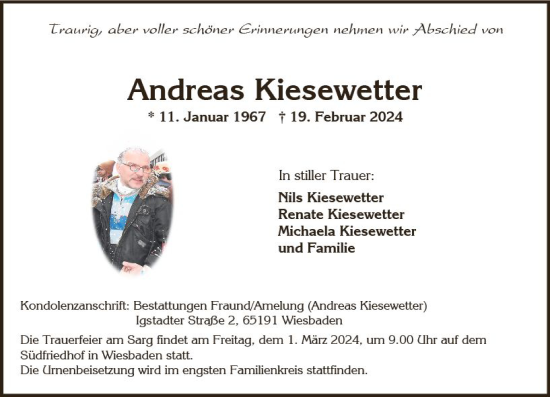 Traueranzeige von Andreas Kiesewetter von Wiesbadener Kurier
