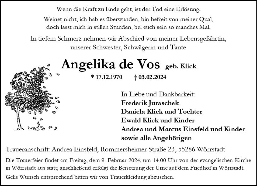  Traueranzeige für Angelika de Vos vom 07.02.2024 aus Allgemeine Zeitung Alzey