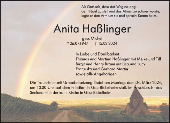 Traueranzeige von Anita Haßlinger von Allgemeine Zeitung Alzey