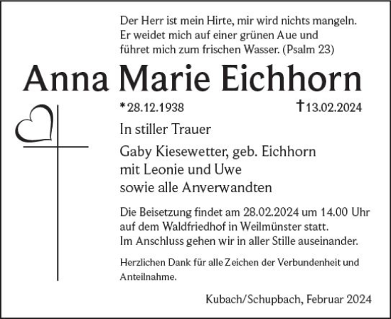Traueranzeige von Anna  Eichhorn von Weilburger Tageblatt