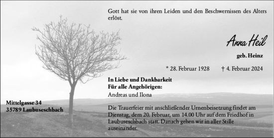 Traueranzeige von Anna Heil von Weilburger Tageblatt