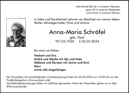 Traueranzeige von Anna-Maria Schröfel von Allgemeine Zeitung Bingen/Ingelheim