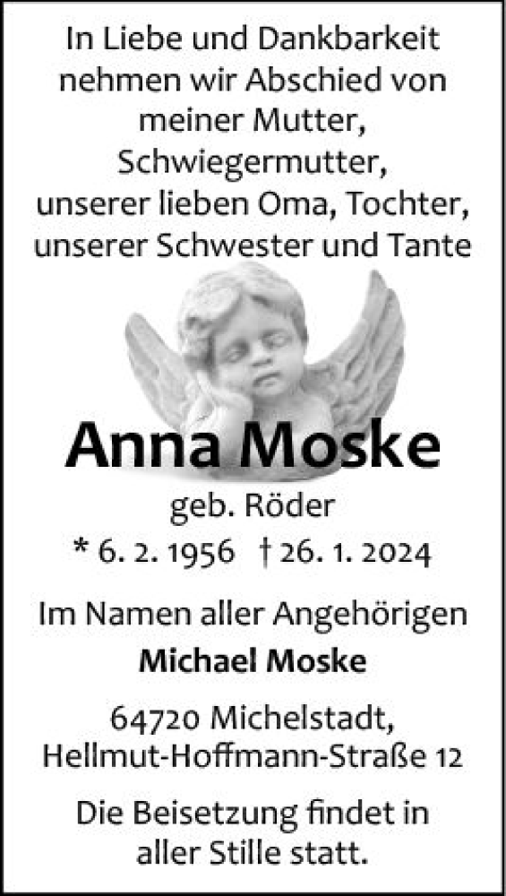  Traueranzeige für Anna Moske vom 03.02.2024 aus Odenwälder Echo