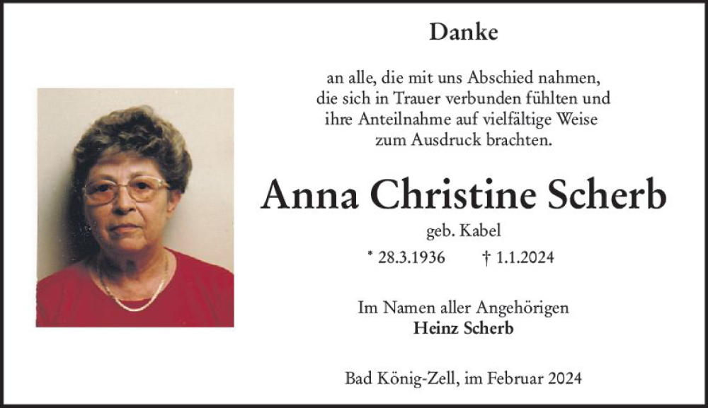  Traueranzeige für Anna Christine Scherb vom 03.02.2024 aus Odenwälder Echo