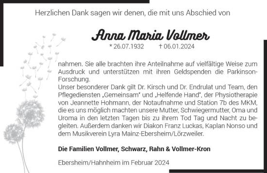 Traueranzeige von Anna Maria Vollmer von Allgemeine Zeitung Mainz
