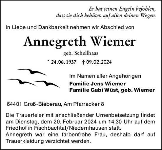 Traueranzeige von Annegreth Wiemer von Darmstädter Echo