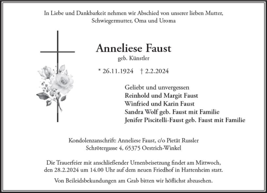 Traueranzeige von Anneliese Faust von Rheingau Kurier