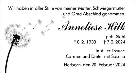Traueranzeige von Anneliese Hilk von Dill Block