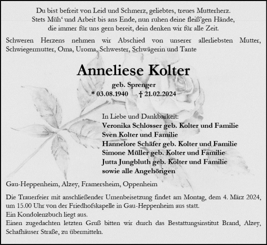 Traueranzeige von Anneliese Kolter von Allgemeine Zeitung Alzey