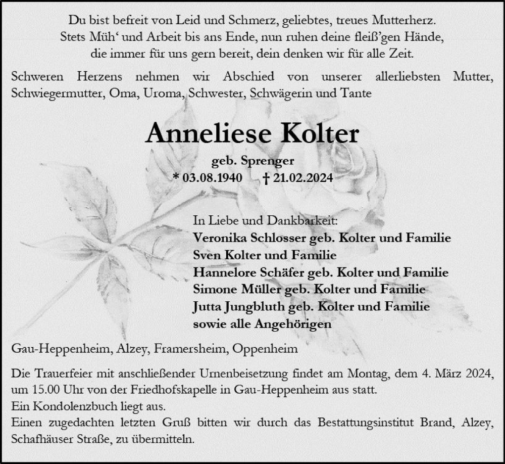  Traueranzeige für Anneliese Kolter vom 24.02.2024 aus Allgemeine Zeitung Alzey
