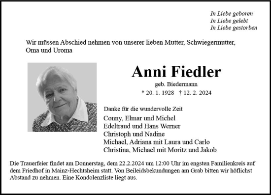 Traueranzeige von Anni Fiedler von Allgemeine Zeitung Mainz