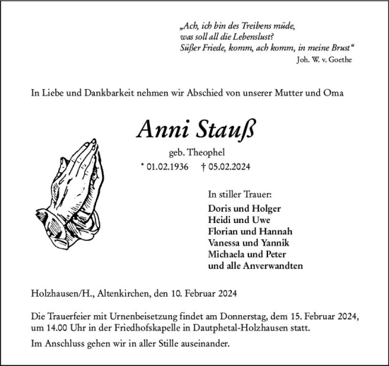 Traueranzeige von Anni Stauß von Hinterländer Anzeiger