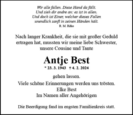 Traueranzeige von Antje Best von Allgemeine Zeitung Mainz