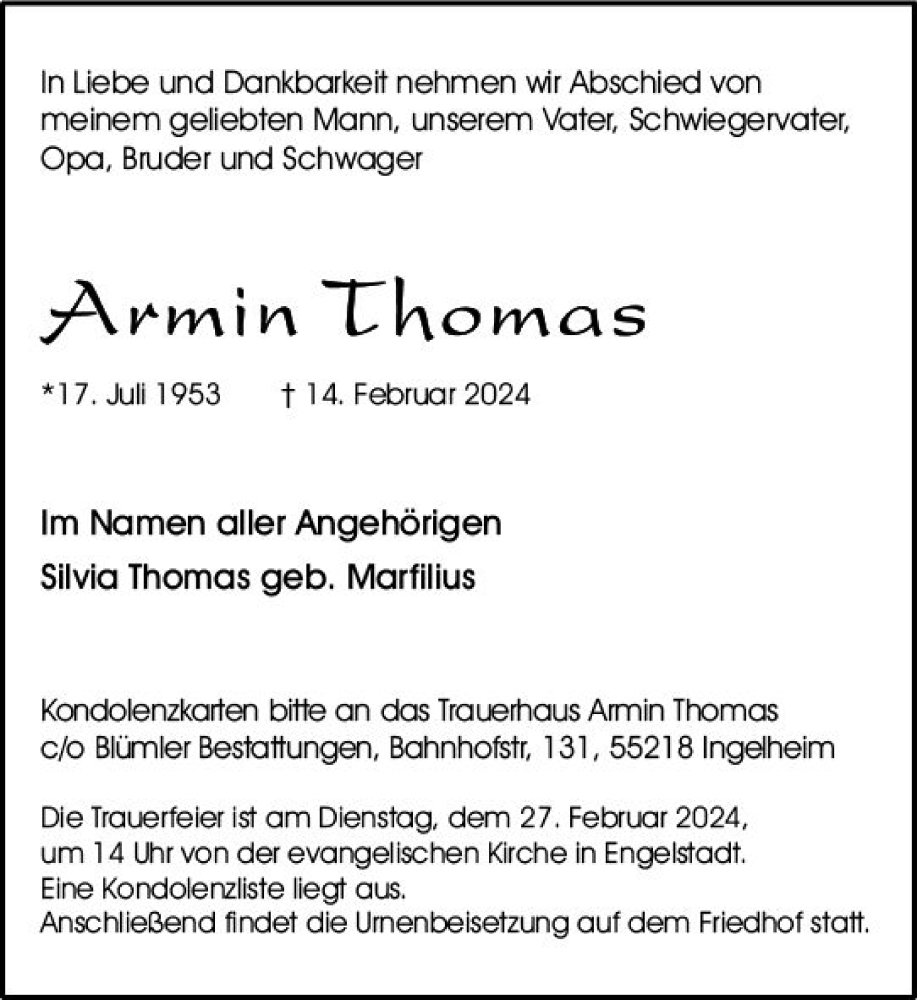  Traueranzeige für Armin Thomas vom 17.02.2024 aus Allgemeine Zeitung Bingen/Ingelheim