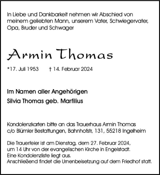 Traueranzeige von Armin Thomas von Allgemeine Zeitung Bingen/Ingelheim