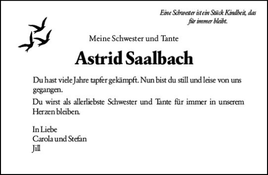 Traueranzeige von Astrid Saalbach von Weilburger Tageblatt