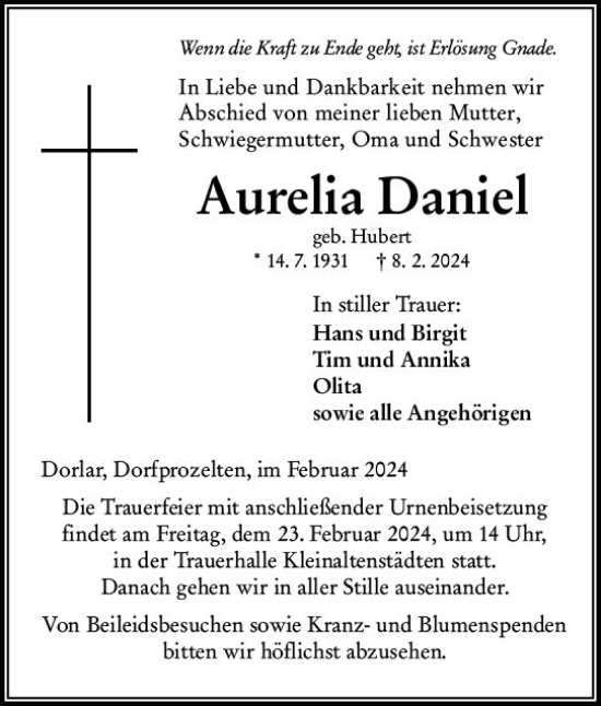 Traueranzeige von Aurelia Daniel von Wetzlarer Neue Zeitung