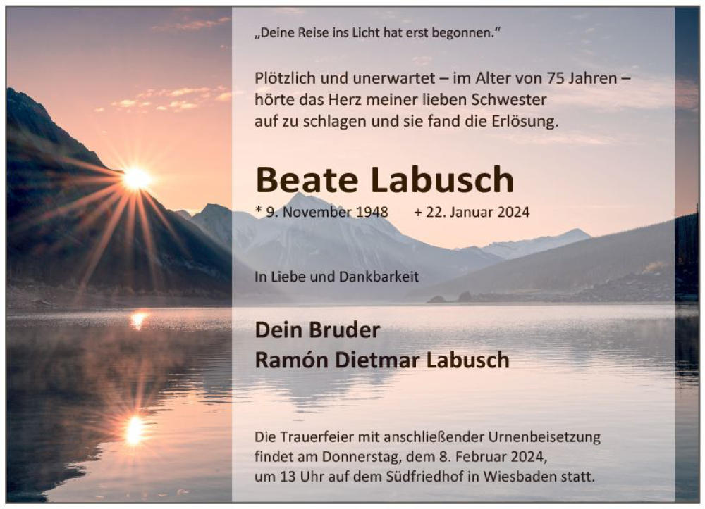 Traueranzeige für Beate Labusch vom 03.02.2024 aus Wiesbadener Kurier