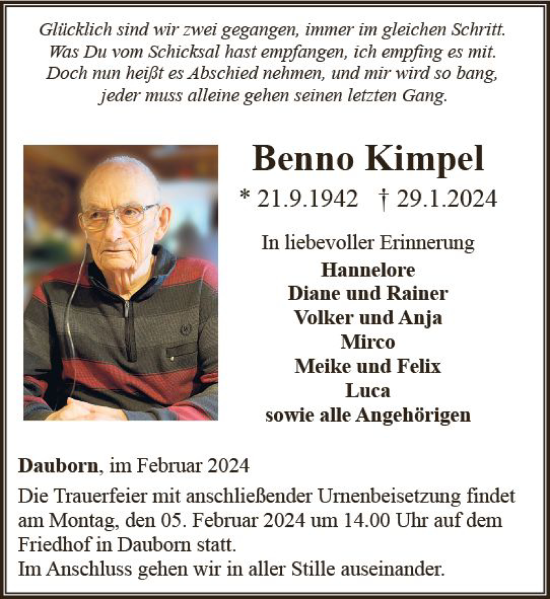 Traueranzeige von Benno Kimpel von Camberger Anzeiger