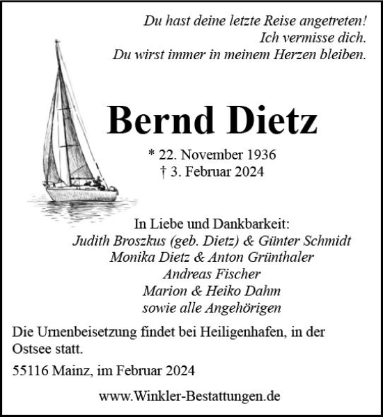 Traueranzeige von Bernd Dietz von Allgemeine Zeitung Bingen/Ingelheim