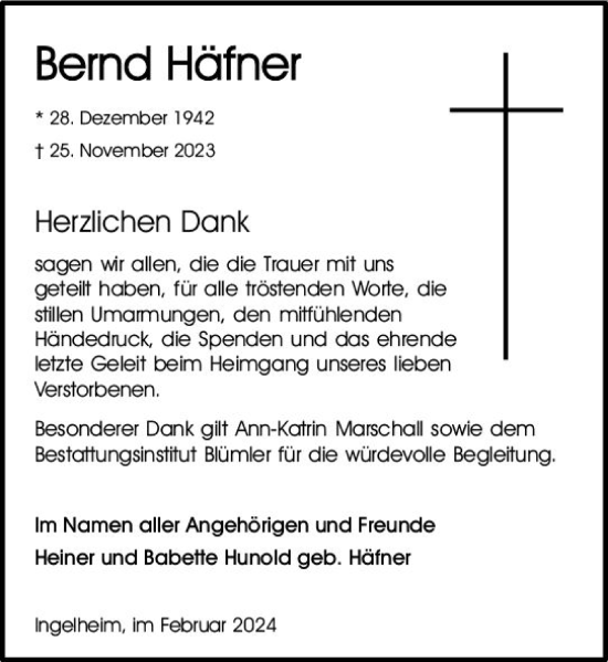 Traueranzeige von Bernd Häfner von Allgemeine Zeitung Bingen/Ingelheim
