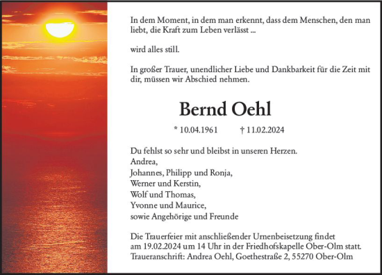 Traueranzeige von Bernd Oehl von Allgemeine Zeitung Mainz