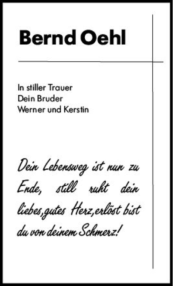 Traueranzeige von Bernd Oehl von Allgemeine Zeitung Mainz