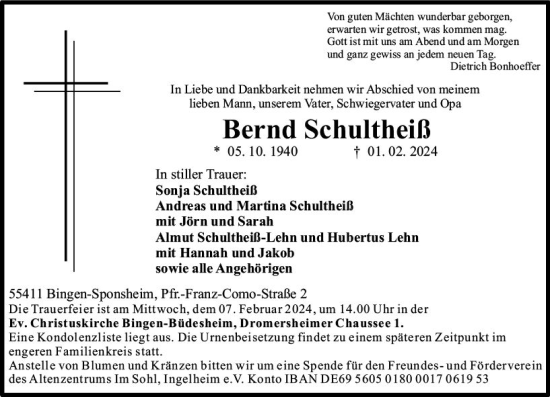 Traueranzeige von Bernd Schultheiß von Allgemeine Zeitung Bad Kreuznach
