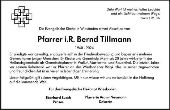 Traueranzeige von Bernd Tillmann von Wiesbadener Kurier