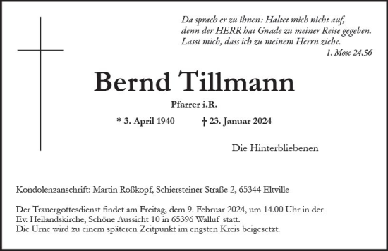 Traueranzeige von Bernd Tillmann von Wiesbadener Kurier