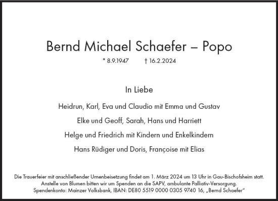 Traueranzeige von Bernd Michael Schaefer-Popo von Allgemeine Zeitung Mainz