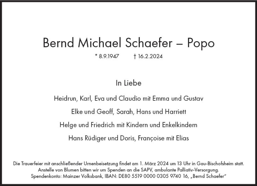  Traueranzeige für Bernd Michael Schaefer-Popo vom 21.02.2024 aus Allgemeine Zeitung Mainz
