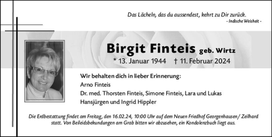 Traueranzeige von Birgit Finteis von Dieburger Anzeiger/Groß-Zimmerner Lokal-Anzeiger