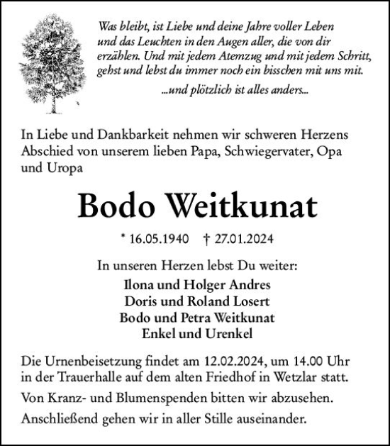Traueranzeige von Bodo Weitkunat von Wetzlarer Neue Zeitung