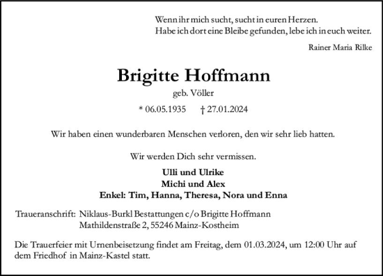 Traueranzeige von Brigitte Hoffmann von Allgemeine Zeitung Mainz