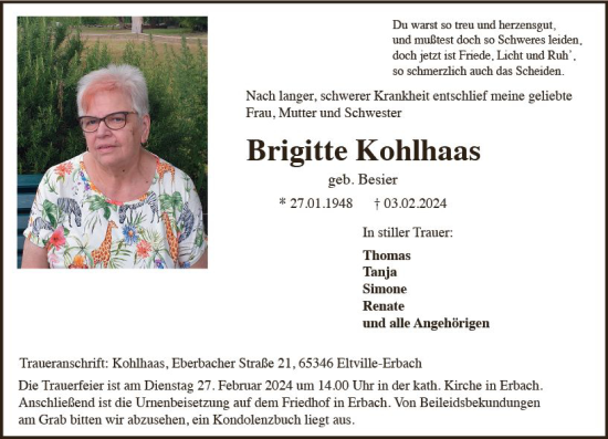 Traueranzeige von Brigitte Kohlhaas von Wiesbadener Kurier